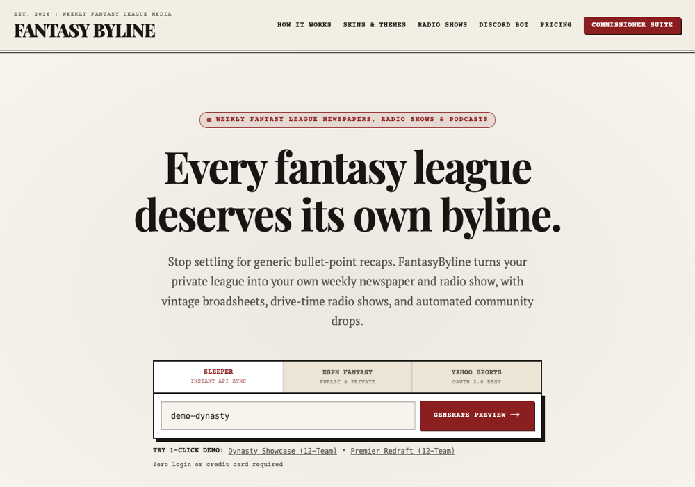 Fantasy Byline homepage and league preview generator