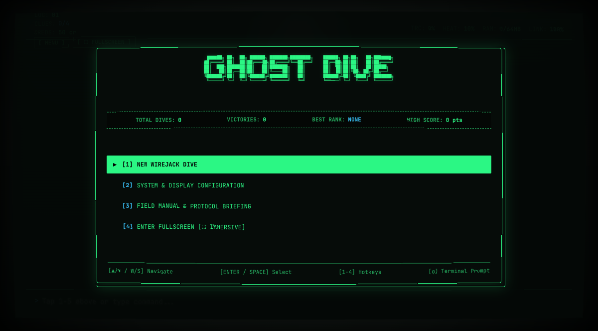 Ghost Dive terminal main menu with CRT scanline effect